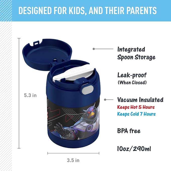 THERMOS FUNTAINER Kids Food Jar with Spoon, 10oz, Lightyear | Kid-Friendly Stainless Steel Insulated Food Container, Keeps Food Hot or Cold Longer for School & Play, BPA Free