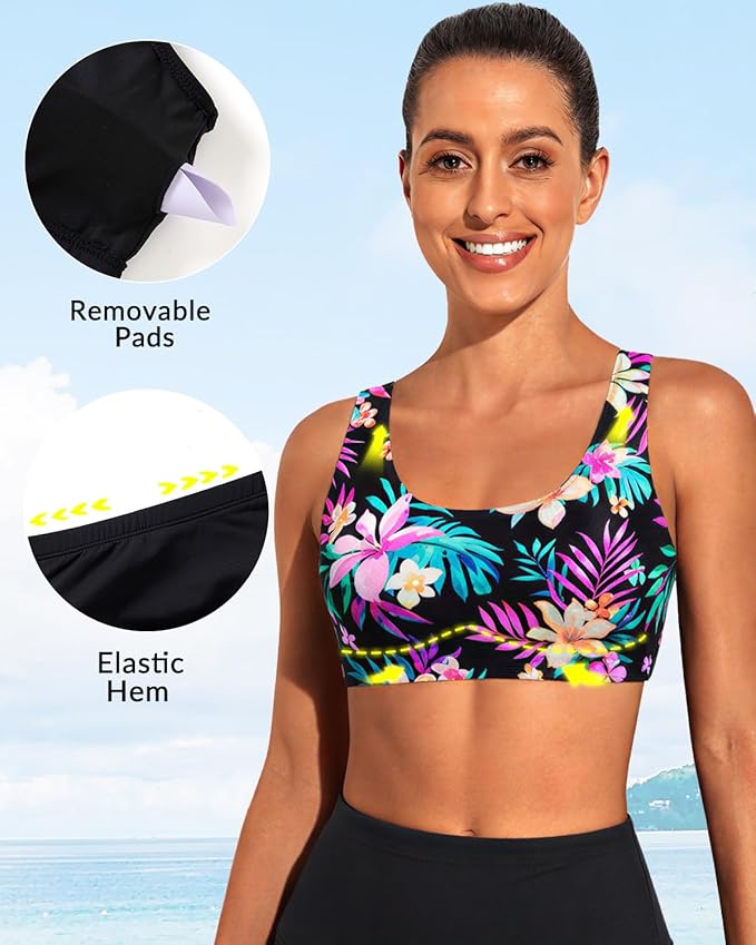 Tempt Me Women Sports Bra Bikini Top Push Up Scoop Neck Bathing Suits Top Padded Swim Crop Tops Only