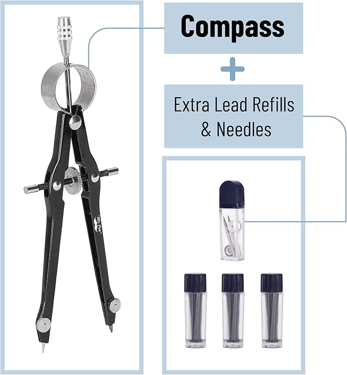 Mr. Pen- Professional Compass for Geometry, Extra Lead, Metal Compass Drawing Tool for Students, Drafting and Engineering, Technical Drawings, Circles and Geometry Projects