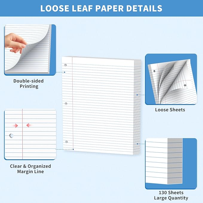 130 Sheets Loose Leaf Paper College Ruled Notebook Paper 8 x 10.5 Inch 3-Hole Punched Lined Paper for Binders 8 x 10-1/2 Loose-leaf Paper, White 3 Ring Binder Paper Filler Paper for School Office Home