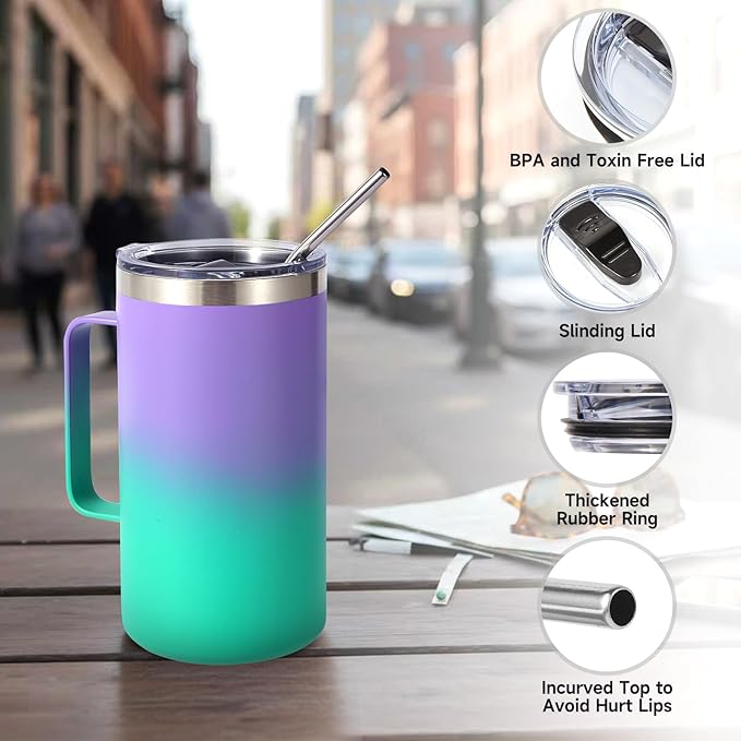 Volhoply 22oz Insulated Stainless Steel Coffee Mugs with Leakproof Lid Bulk 2 Pack,Double Wall Vacuum Travel Coffee Cup with Handle,Reusable Metal Tumbler,Camping Mug Keep Hot&Cold(Purple Green,2)