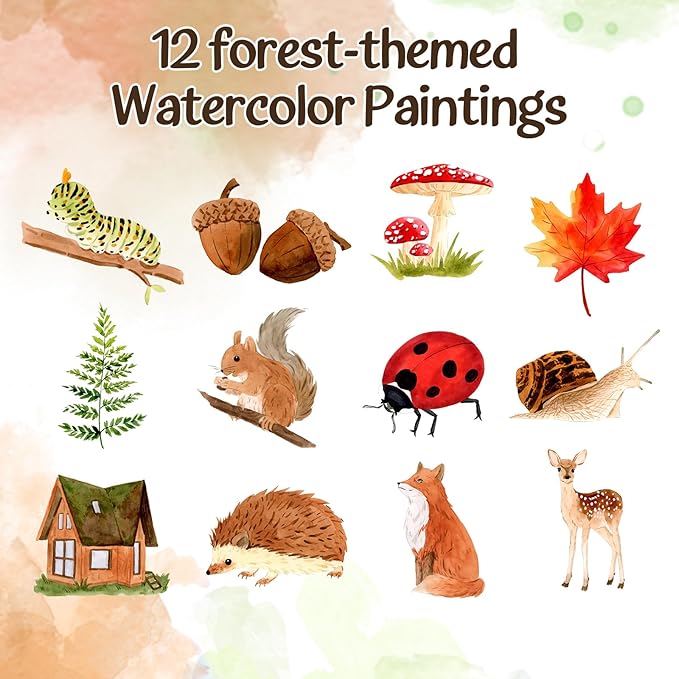Watercolor Workbook-Water Colors Paint Adult Set with 12 Original Forest-Themed Patterns,12 Paint Colors&Refillable Brushes,Coloring Books for Adults Beginners,Arts&Crafts Birthday Gifts