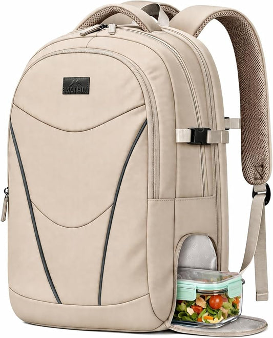 MATEIN HER Laptop Backpack for Women with Lunch Box Compartment, Water Resistant Work Backpack for Office Commute with RFID Pocket, College Computer Meal Prep Bag Fits 17.3'' Notebook, Khaki