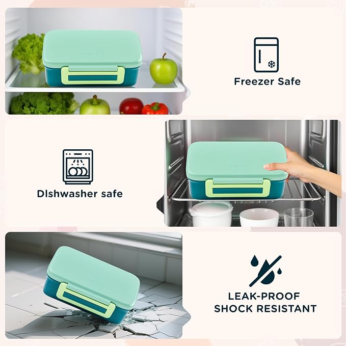MAISON HUIS Bento Box for Kids with 8oz Soup Thermo, Insulated Lunch Bag & 17oz Water Bottle, 2-Compartment Bento Box with Built-In Ice Pack, Leak-Proof & BPA-Free (Green)