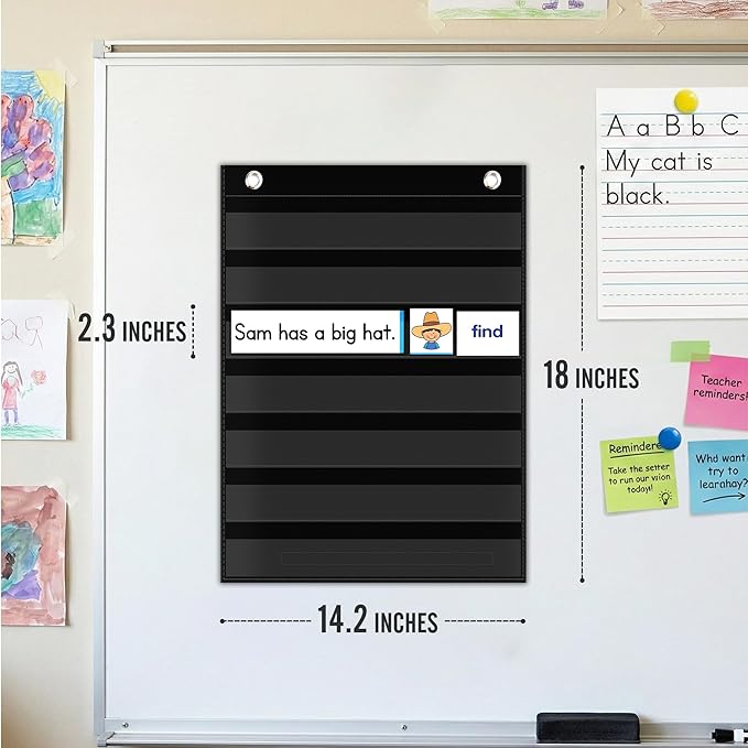 Magnetic Pocket Chart for Classroom - Small 7 Pocket Chart for Word Wall Daily Schedule Sentence Strips Sticker Display, Black Teacher Supplies for Preschool Elementary & Home