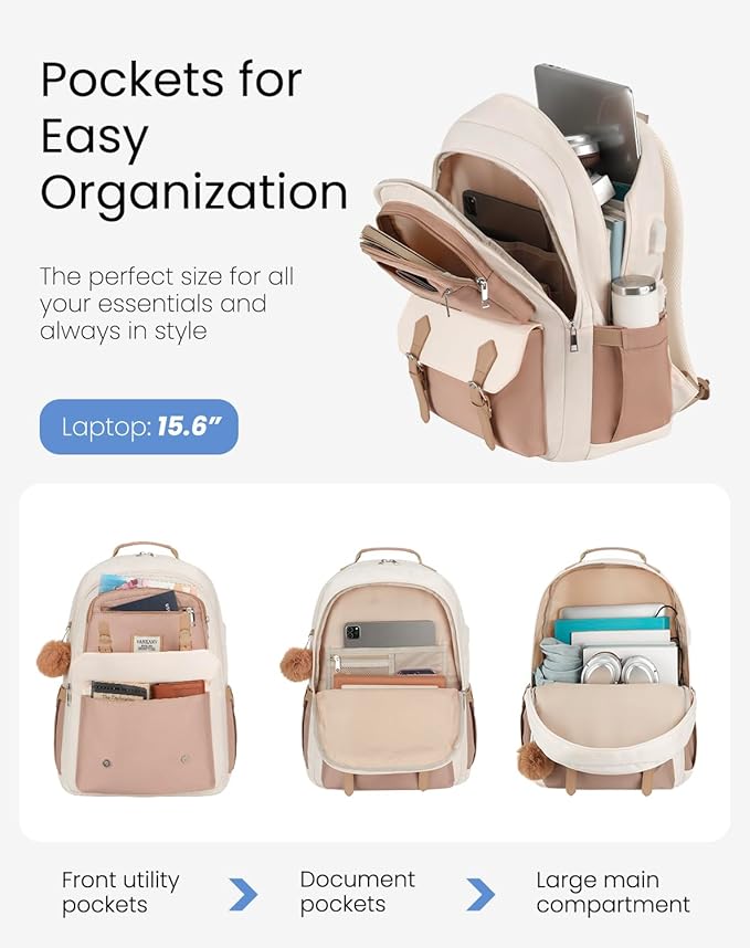 17.3in School Backpack for Teen Girls, Cute Laptop Bookbag for Women College Students Aesthetic Schoolbag Middle High School Travel Mochilas Niñas, Khaki Beige