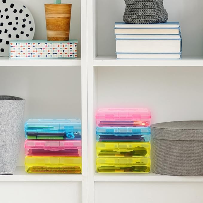 Leelosp 12 Pack Clear Pencil Boxes for School Bulk, Large Plastic Pencil Case with Lid, Stackable Hard Crayon Storage Box for Classroom Kids, Desk Drawer Organizer for Office Home(Pink Yellow Blue)