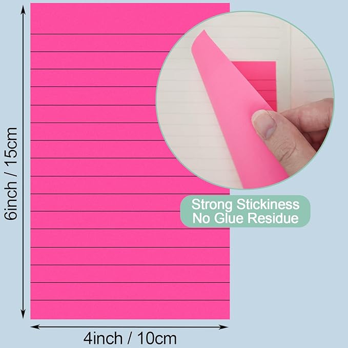 24 Pack Lined Sticky Notes 4X6 in, Self Sticky Note Pads with Lines, Large Sticky Note Memo Pad for Office, Home, School, Meeting, 50 Sheets/pad, Bright Color