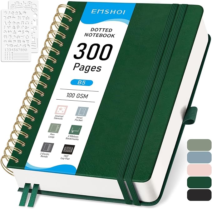 EMSHOI Dotted Journal Spiral Notebook - 300 Pages, B5 Hardcover Leather, 100 GSM Thick Dot Grid Notebook for Women Men Work Writing, Journaling, Drawing, 7.48" x 10.15", Dark Green