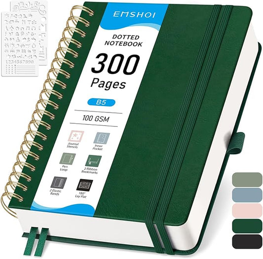EMSHOI Dotted Journal Spiral Notebook - 300 Pages, B5 Hardcover Leather, 100 GSM Thick Dot Grid Notebook for Women Men Work Writing, Journaling, Drawing, 7.48" x 10.15", Dark Green