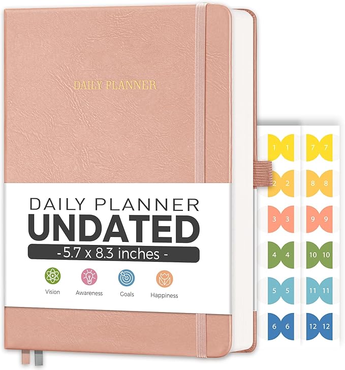 Daily Planner Undated, Appointment Book for Hourly, Daily and Monthly, 365 Days, One Page a Day, Medium Size (5.7" x 8.3"), Leather Hardcover, 12 Self-adhesive Monthly Tabs (Pink)