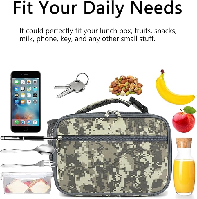 GYEUKHAM Insulated Lunch Box for School, Thermal Reusable Durable Freezable Lunch Bags for Kids Boys Girls Men Women - Small Soft Cooler Portable Lunch Tote Kit for Work Picnic Travel,Grey Camo