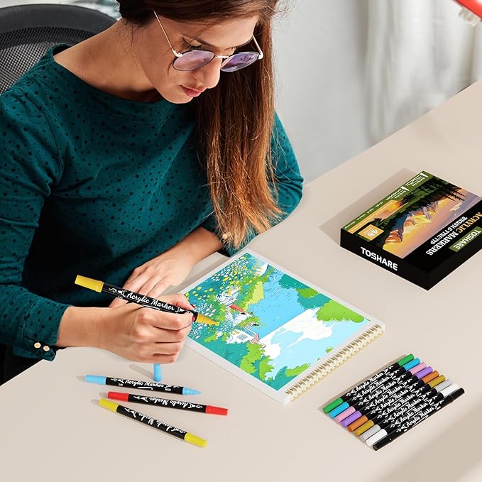TOSHARE 48 Colors Acrylic Paint Markers, Brush & Fine Dual Tip Acrylic Paint Pens for Rock, Wood, Paper, Fabric, Canvas, Glass, Ceramic, Egg, Scrapbook and DIY Crafts Supplies Art Gifts