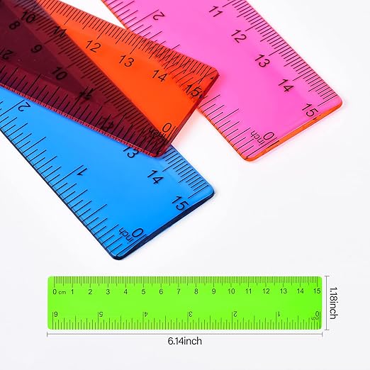 Unjoo Clear Plastic Ruler 6 Inch Straight Rulers, Bulk Assorted Colors, Shatterproof Ruler with Inches and Centimeters for School Classroom, Home, or Office (8 Pack)