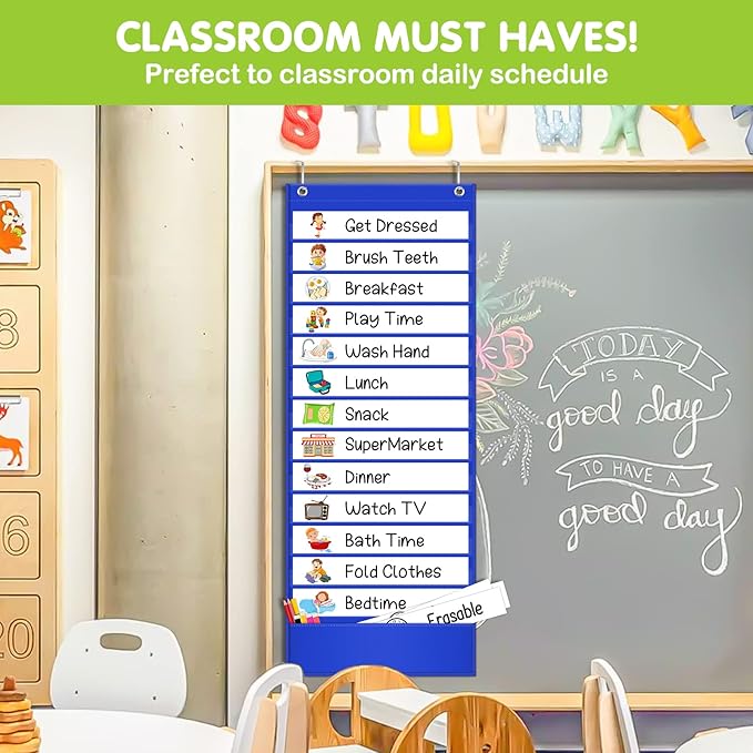 Eamay Daily Schedule Pocket Charts, Teacher Schedule Chart with Resuable 18 Custom Cards, Classroom Pocket Chart for School Office or Homeschool Activities, Blue