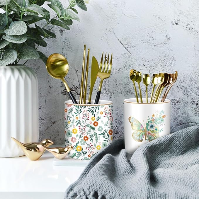 Cute Pen Holder for Desk, Ceramic Durable Pencil Cup, Simple&Modern Style Makeup Organizer, Multifunctional Office Supplies for Home, Kids and School, Butterfly Pattern