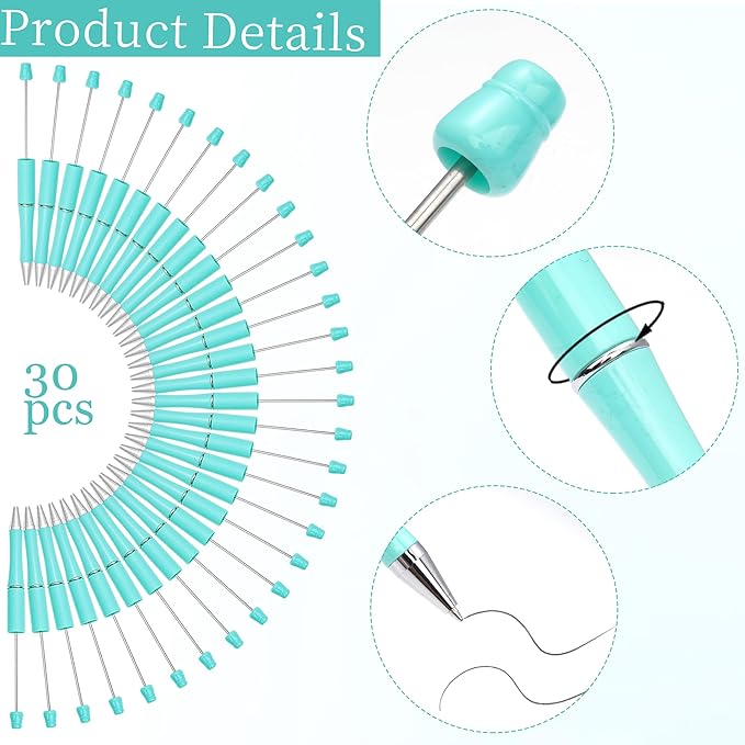 jiebor 30Pcs Beadable Pens Plastic Bead Ballpoint DIY Cute Cool Pens Black Ink for Women Men Bridal Graduation Gift Office Supplies Light Blue