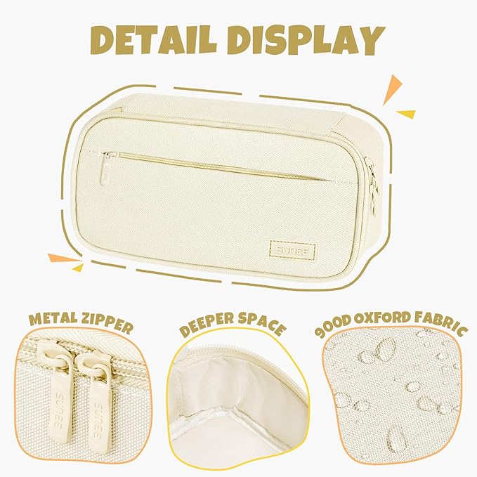 SUNEE Cute Pencil Case, Large Capacity Pencil Pouch, Big Storage Organizer for Stationery, Zipper Pen Bag, Back to School Supplies, Office Organizer Makeup Bag, for Teen Girl Boy Men Women, Beige