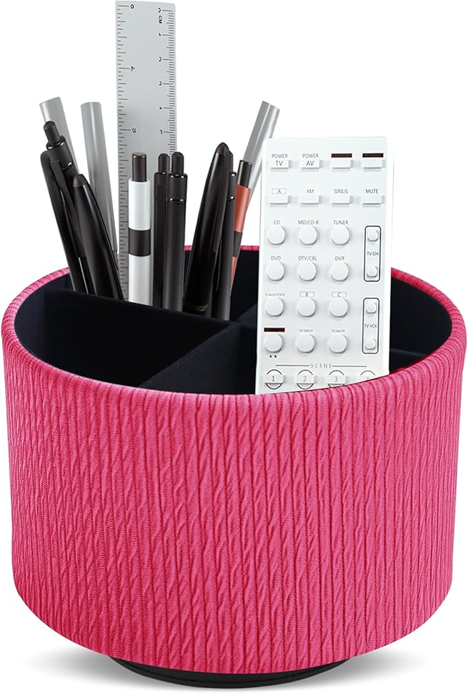 Round Leather Art Supply Organizer,Remote Control Holder,360 Degree Spinning,Multi-Functional Pencil Holder,4 Compartments Desktop Stationary Organizer(1-Vertical Wood Red)