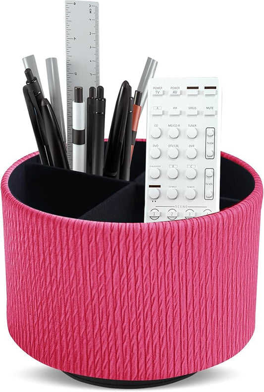 Round Leather Art Supply Organizer,Remote Control Holder,360 Degree Spinning,Multi-Functional Pencil Holder,4 Compartments Desktop Stationary Organizer(1-Vertical Wood Red)