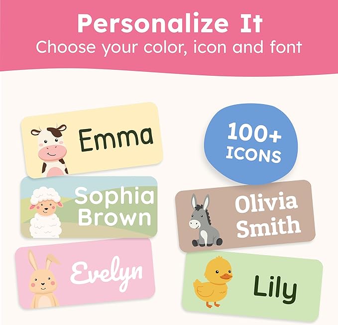 Personalized Name Labels for Kids (210 Labels) - Durable & Waterproof Custom Name Stickers for Clothing Tags, School Supplies, Camp & Daycare - Cozy Farm (1.2”x0.5”)