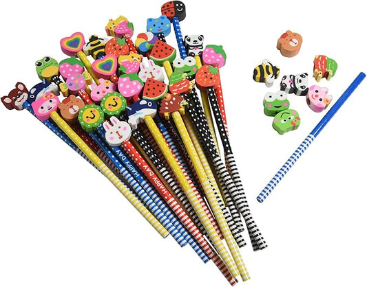 28PCS Assorted Cartoon Stripe Colored Wooden Pencils with Fruit Animal Top Pencil Erasers for Kids School Supplies and Children Prize Gifts, 28 Count (Pack of 1)
