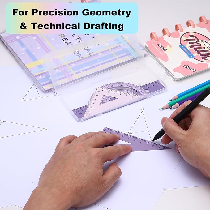 PATIKIL Geometry Set, 2 Pack 6 Inch Aluminum Ruler & 4 Triangles, Metal Protractor Ruler Math Drafting Measuring Tool for Home Office Math Drawing Engineering Art,Gradient Green