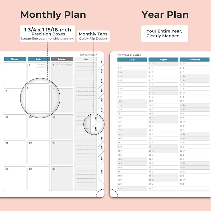 Planner 2026-2027 Daily Weekly and Monthly,11.5"x8.5",18 Months Spiral Bound Calendar Agenda with Self-adhesive Pen Holder,2026 Academic Plan with Vegan Leather Soft Cover,Pink