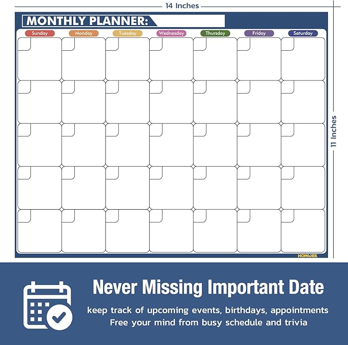 HOMiDEK Magnetic Calendar for Refrigerator: Reusable Dry Erase Monthly Fridge Whiteboard Calendar Magnet Weekly Planner White Board with Magnetic list, Dry Erase Markers and Eraser - 14 x 11 Inches