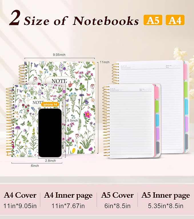 5 Subject Notebook College Ruled 240 Pages, A5(5.8"x8.3") Hardcover Spiral Notebook with Removable Dividers Tabs, Lined Spiral Journal Notebook for Women, Notebooks for Work School，whitespringflower
