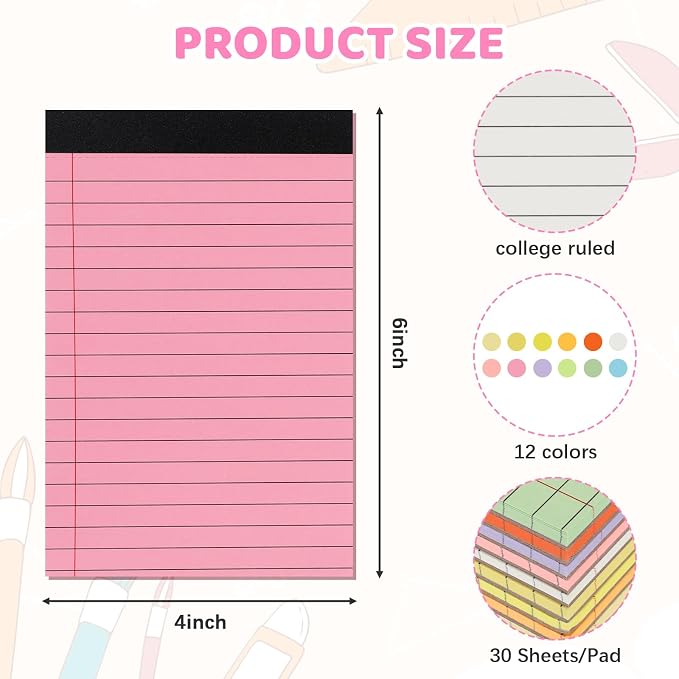 12 Pack Small Legal Pads 4x6, 12 Colors College Ruled 30 Sheets Each 80 Gsm