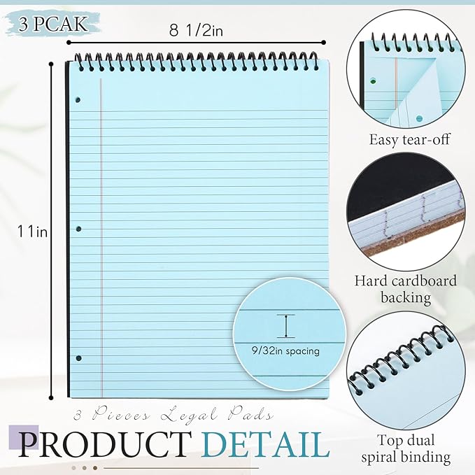 MotiMind 3 Pack 8.5" x 11" Top Spiral Notebook with 3 Hole Punched Blue Legal Pads College Ruled Notepad 50 Sheets Hard Cardboard Paper Wirebound Notepad for Office School Business