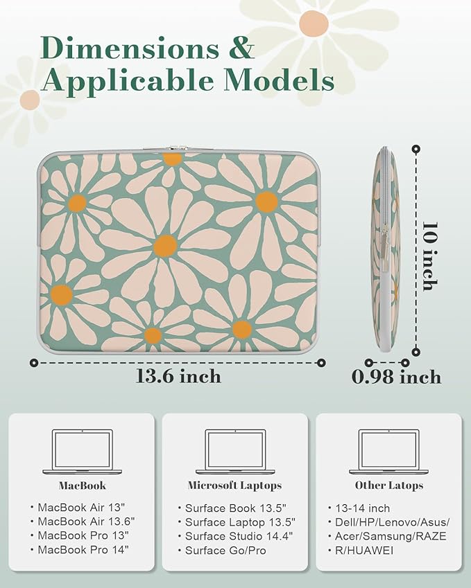 iCasso Laptop Sleeve 13 inch for MacBook Air 13-13.6 inch, Chic Laptop case for MacBook Pro 13 inch, Slim Protective Travel Carrying Case for MacBook Pro 14 inch, Chromebook, HP, Dell, Green Daisy