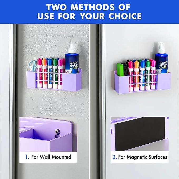 Magnetic Dry Erase Marker Holder for Whiteboard, Wall Mount Pen Holder for Refrigerator, Clear Pencil Holder for Fridge, Strong Magnet Locker Organizer for Classroom(Purple)