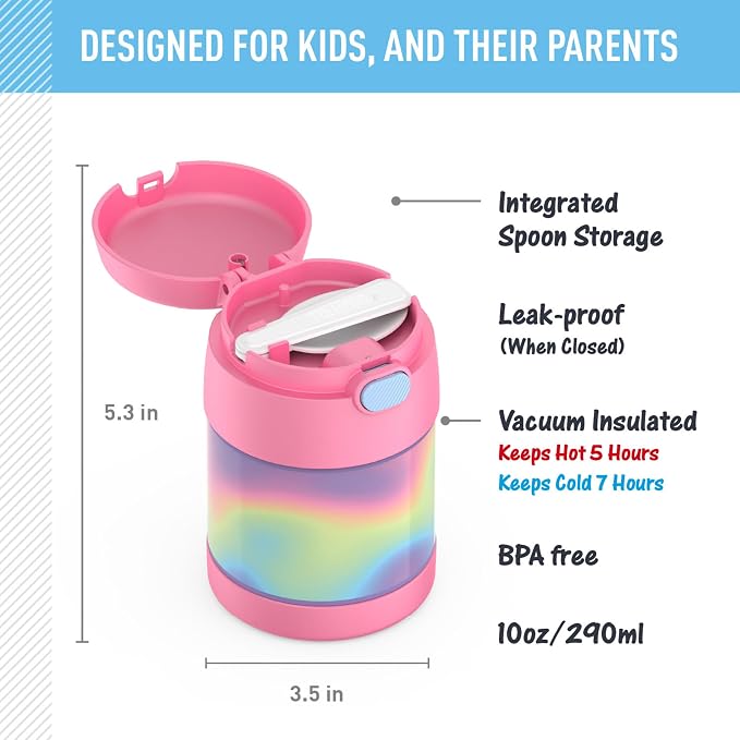 THERMOS FUNTAINER Insulated Food Jar, 10 Ounce, Kid Friendly Food Jar with Foldable Spoon, Rainbow Cloud