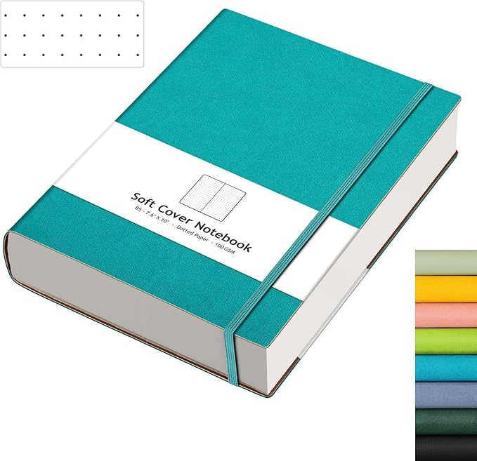 AHGXG Dotted Journal - 320 Pages Dot Grid Notebook B5 Large Journal, 100gsm Thick Dotted Paper, Leather Softcover, with Journal Stencils, Inner Pocket, 7.6'' X 10'', Cyan