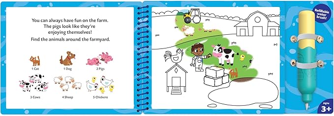 Peaceable Kingdom Water Art Animals Book, Reusable Color Reveal Painting Pad Including Refillable Brush Pen, Mess Free Creativity Activity, Preschool Children Age 3+, Early Motor Skill Builder
