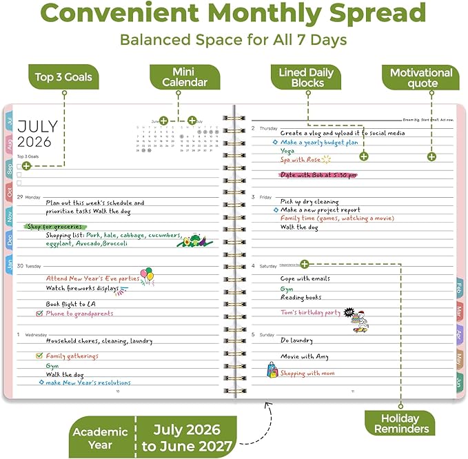 Vinspire 2026 Planner - Yearly, Monthly, and Weekly Planner 2026-2027 for Teachers & Students - Spiral US Academic Year Student Calendar Planners with Notes Pages 2026 Planner Weekly and Monthly - Large (Pink, 8.5"×11")