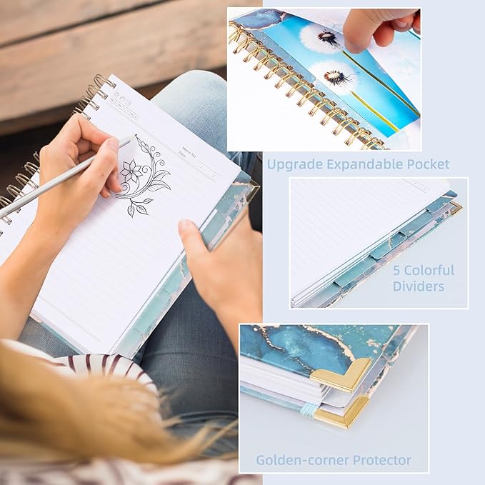 A4 Spiral Notebooks for Work, 300 Pages Lined Spiral Journal Notebook, 5 Subject College Ruled Journals for Writing, 11”x9.25''Journaling Notebooks for School Office Supplies(Blue Marble)