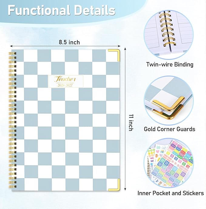 Teacher Planner 2026-2027, Jul 2026-Jun 2027 Academic Year, 8.5" x 11" Lesson Planner Book for Teacher Calendar, Spiral Bound Planners, Colorful Monthly Tabs, Planning Stickers, BlueCheckered