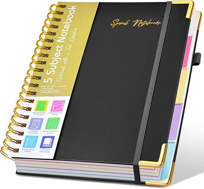 Hardcover Spiral Notebooks for Work, 5 Subject Notebook College Ruled with Dividers Tabs, Lined Organizer Notebook Journal for Women, 240 Pages Small A5 Notebooks for School Note Taking, 5x7 Black