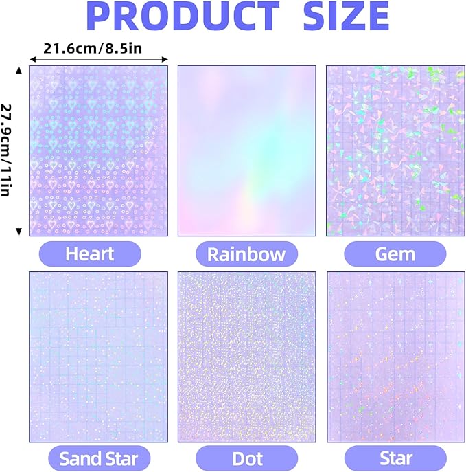 36 Sheets Holographic Laminating Sheets, 8.5x11 Inch Clear Holographic Sticker Paper with Self-Adhesive Waterproof Vinyl Overlay, 6 Patterns Transparent Laminate Film for DIY Stickers, Photos, Crafts