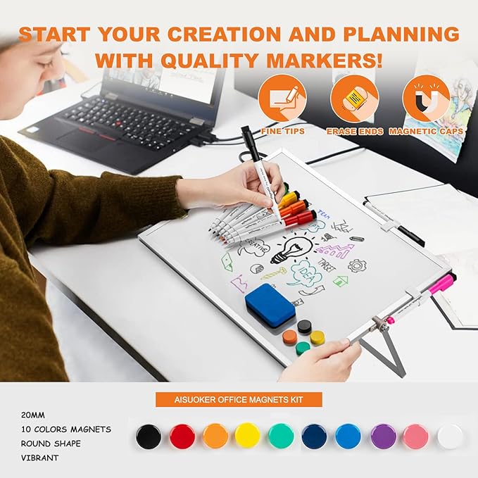 Dry Erase White Board, 16 x 12 inch Double-Sided Desktop Whiteboard with Stand, 10 Markers, 10 Magnets and 1 Eraser, Portable Double-Sided Dry Erase Board for Drawing, School, Office and List Wall