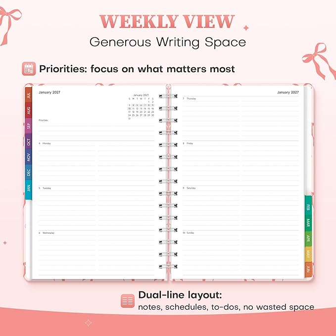 Planner 2026-2027 Monthly and Weekly Academic Planner July 2026 - June 2027, Hardcover Calendar 2026-2027 Agenda Daily Planner for Student Teacher School Office Supplies, 6" x 8.3", Pink Bow