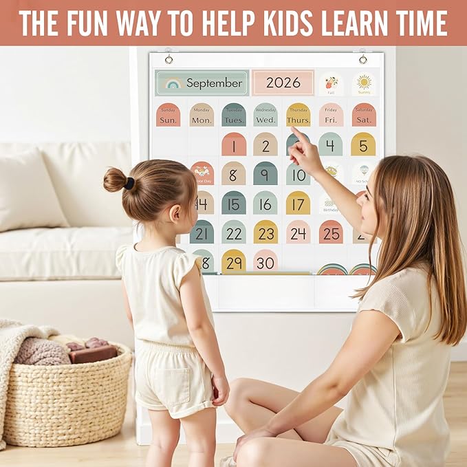 Classroom Monthly Calendar Pocket Chart for Kids Learning, 105 Cards Wall Boho Calendar and Weather, Teacher Supplies for Kindergarten Preschool Elementary Homeschool