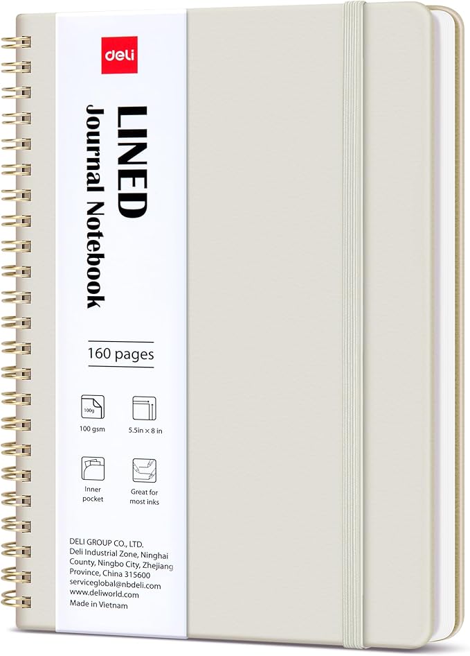 deli Beige Lined Spiral Journal Notebook, 160 Pages, A5 (5.5"x8") Hardcover Writing Notebook, College Ruled Spiral Bound Journal for Women & Men - Perfect for Work, School, Office & Note Taking