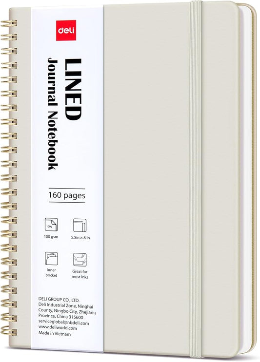 deli Beige Lined Spiral Journal Notebook, 160 Pages, A5 (5.5"x8") Hardcover Writing Notebook, College Ruled Spiral Bound Journal for Women & Men - Perfect for Work, School, Office & Note Taking