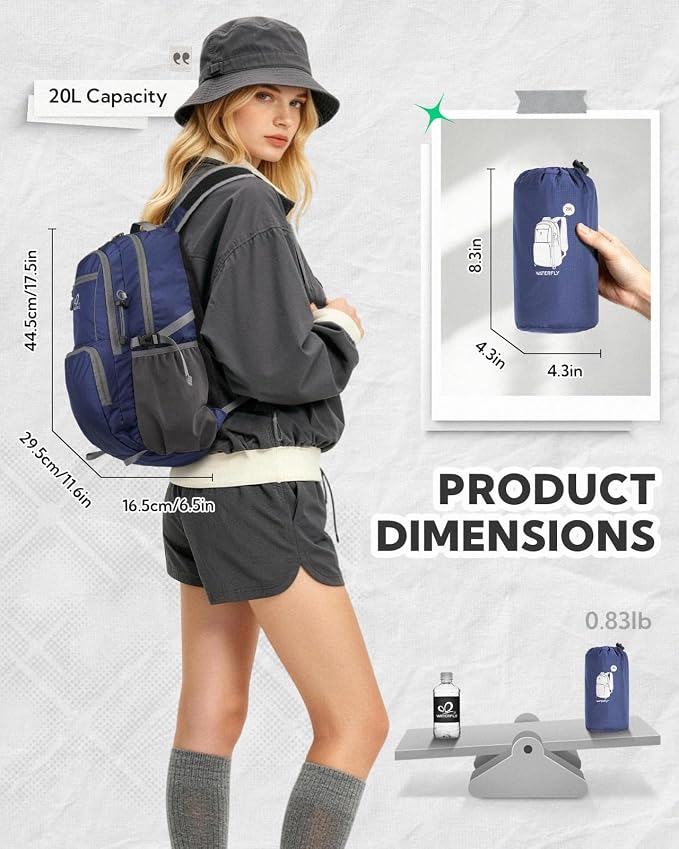 WATERFLY Packable Hiking Backpack, 20L Small Lightweight Foldable Daypack | Phone Pocket, Only 3 Steps Foldable, Breathable Shoulder Strap, Comfortable Folding Bag Pack for Women Men Travel Outdoor