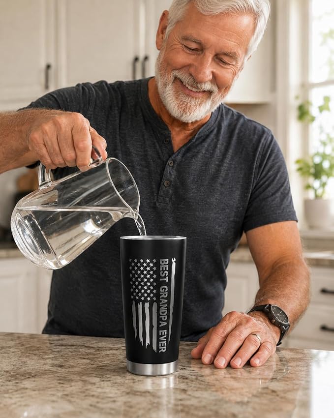 CYYFXKY Best Grandpa Ever 20oz Stainless Steel Tumbler, USA Flag Funny Nutrition Facts Insulated Travel Mug, Fathers Day Birthday Gift for Grandpa Men