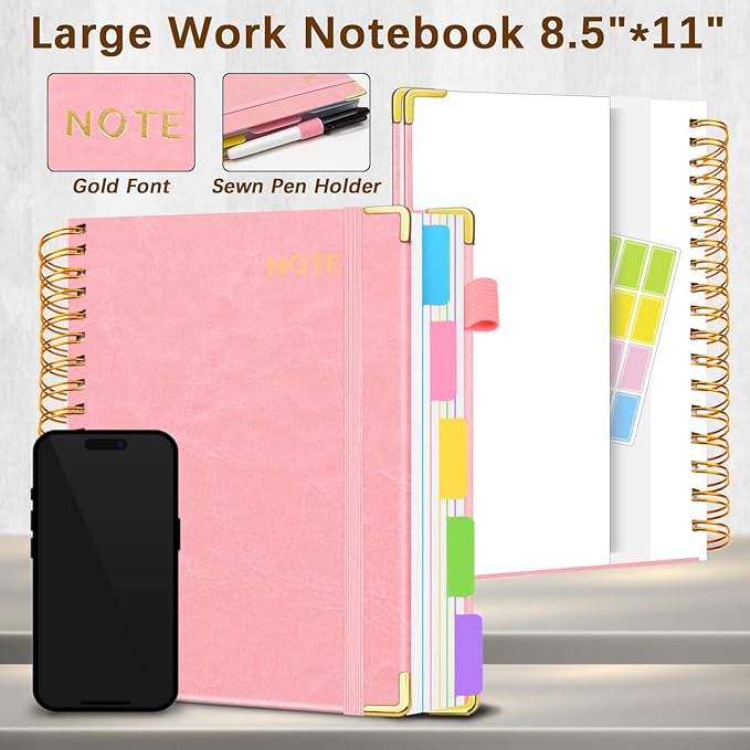 Hardcover Spiral Notebooks for Work 8.5''x 11'', 300 Pages 5 Subject Notebook with Dividers & Tabs, A4 Spiral Journal for Women, College Ruled Notebooks for School Note-Taking (Pink)
